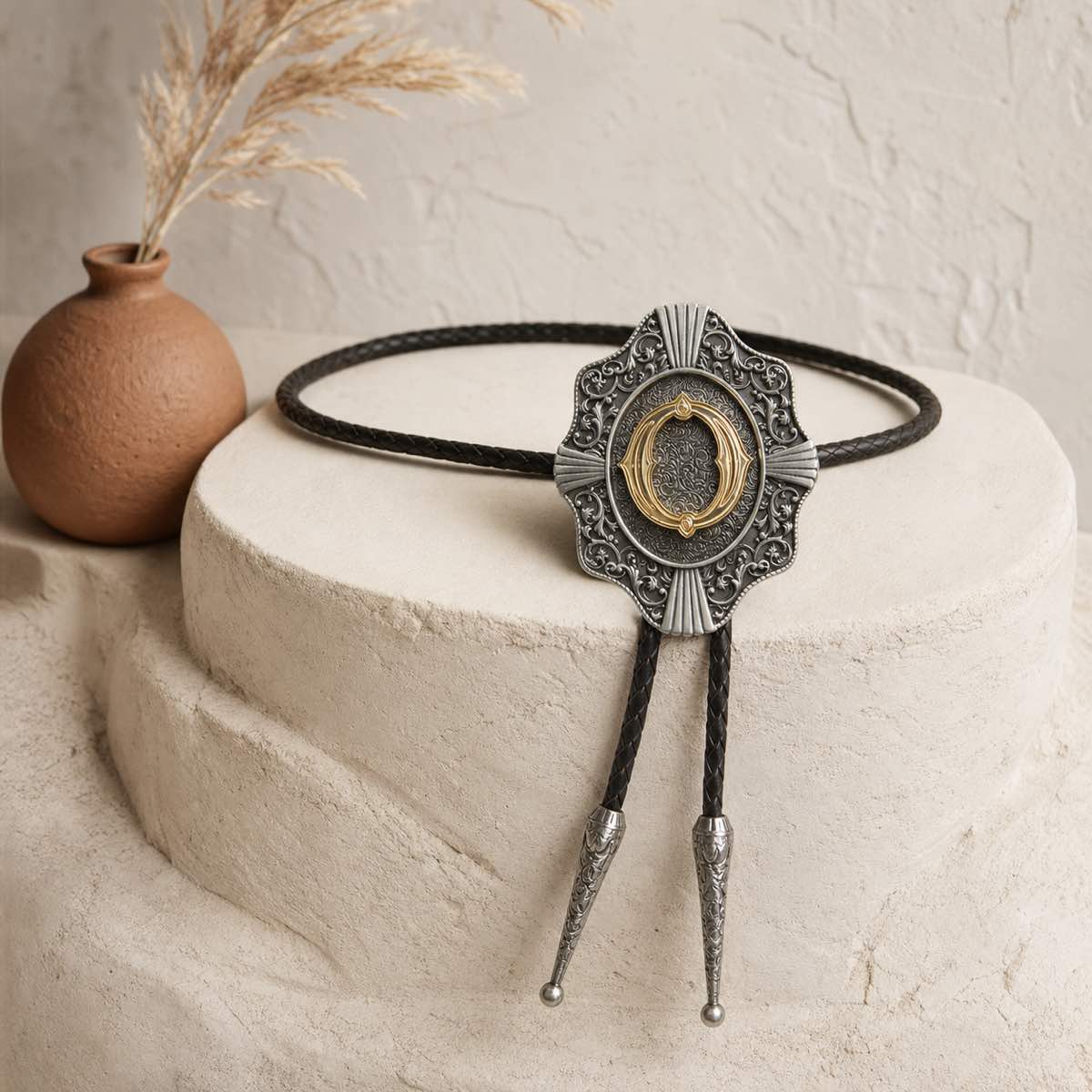 Gold letter O bolo tie in a Southwestern boutique display