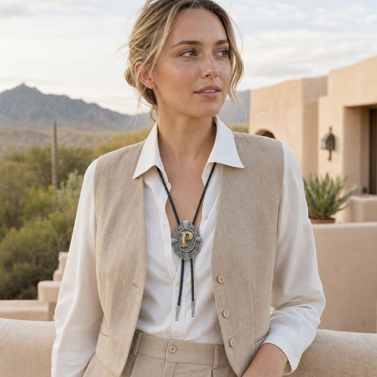 Young woman wearing gold letter P bolo tie at a desert resort