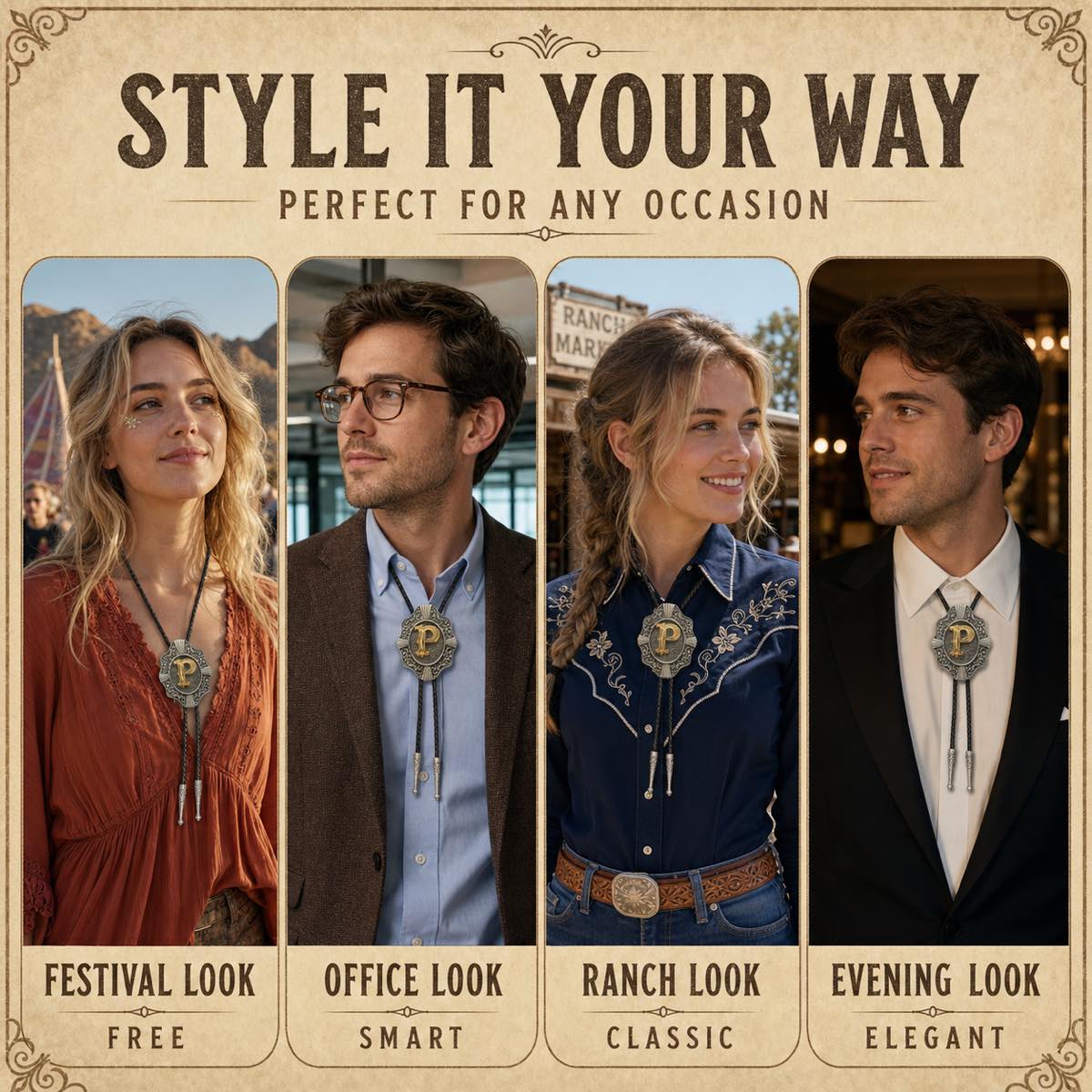 Four ways to style a gold letter P western bolo tie