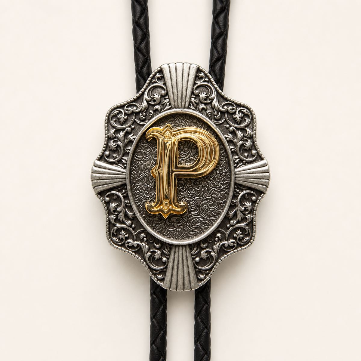 Gold letter P bolo tie engraved metal detail