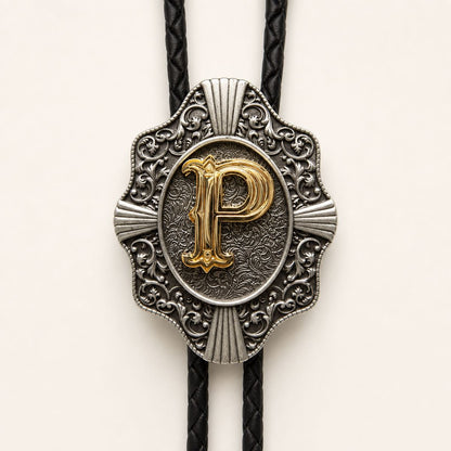 Gold letter P bolo tie engraved metal detail