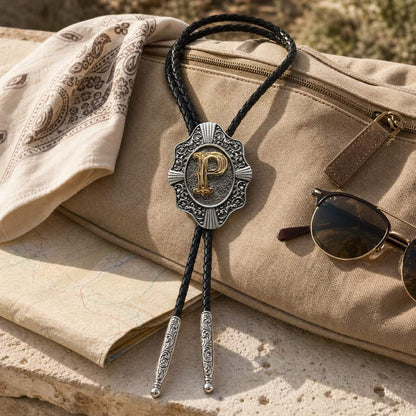 Gold letter P bolo tie in a Southwest road trip flat lay