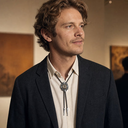 Young man wearing gold letter Q bolo tie at a contemporary gallery