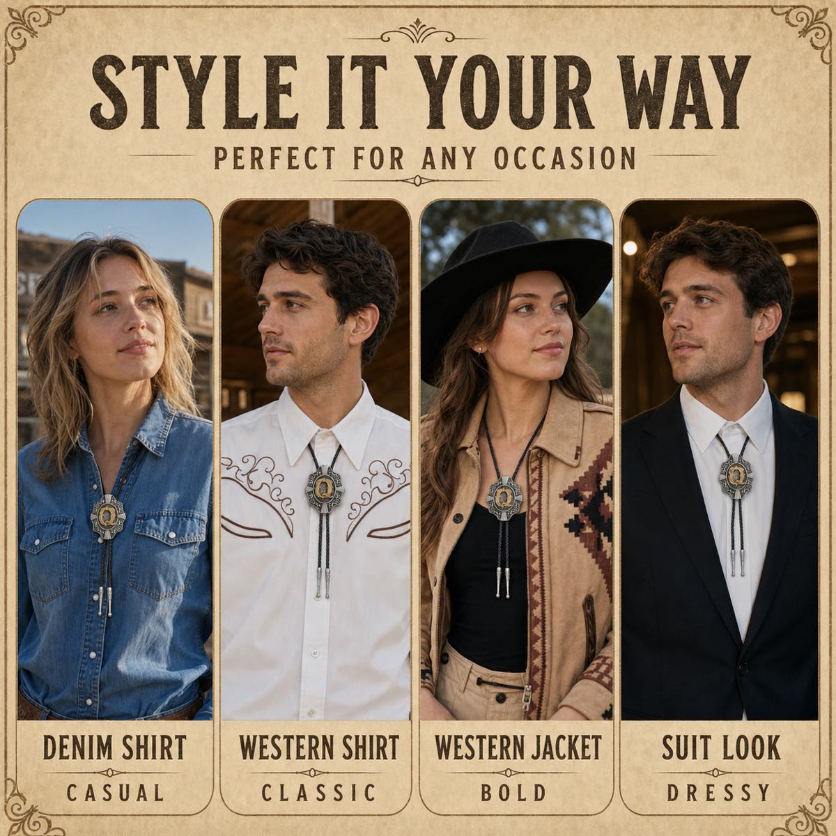 Four ways to style a gold letter Q western bolo tie