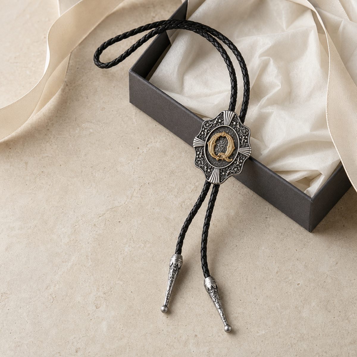 Gold letter Q bolo tie in a premium gift-ready flat lay