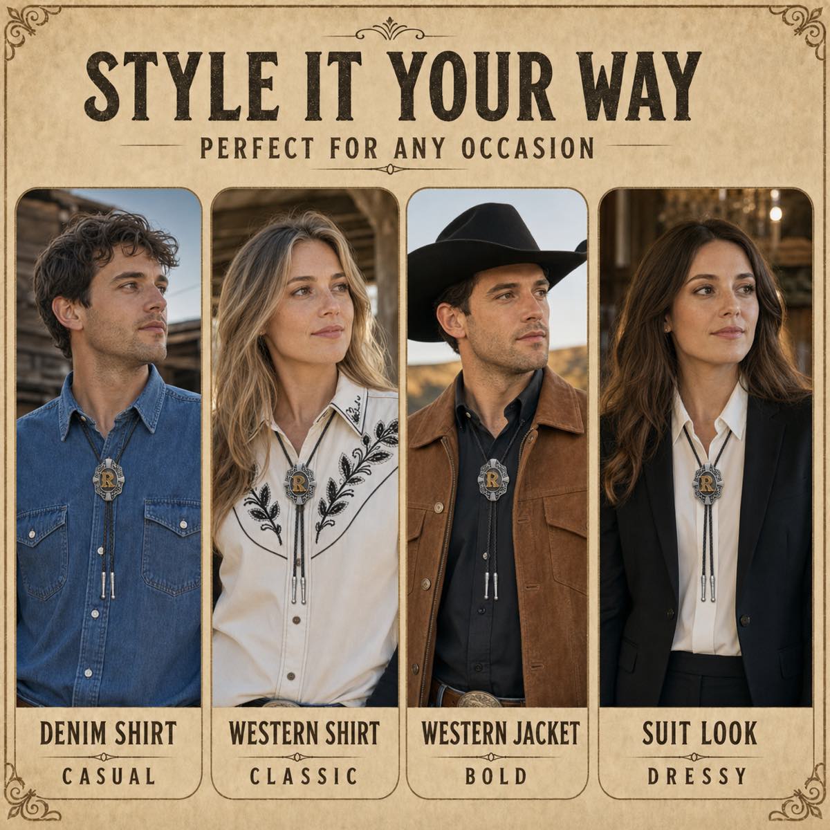 Four ways to style a gold letter R western bolo tie