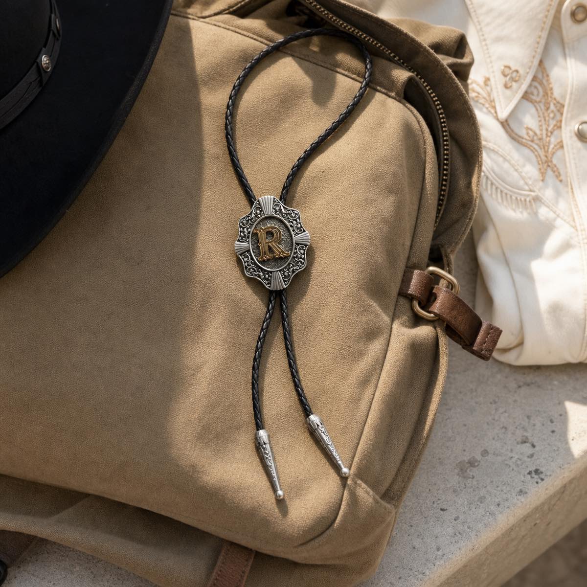 Gold letter R bolo tie in a music festival travel flat lay