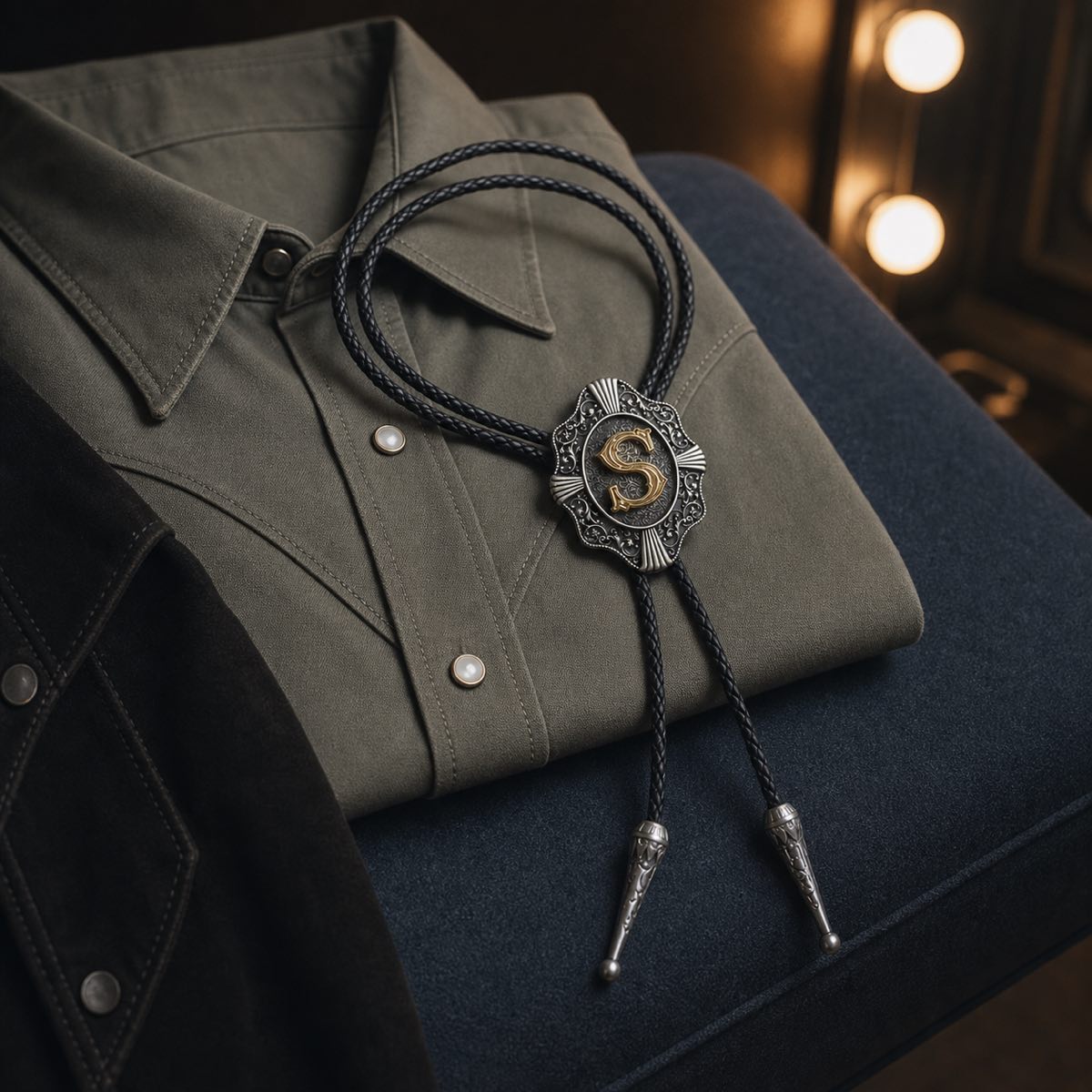 Gold letter S bolo tie in a concert-night wardrobe flat lay