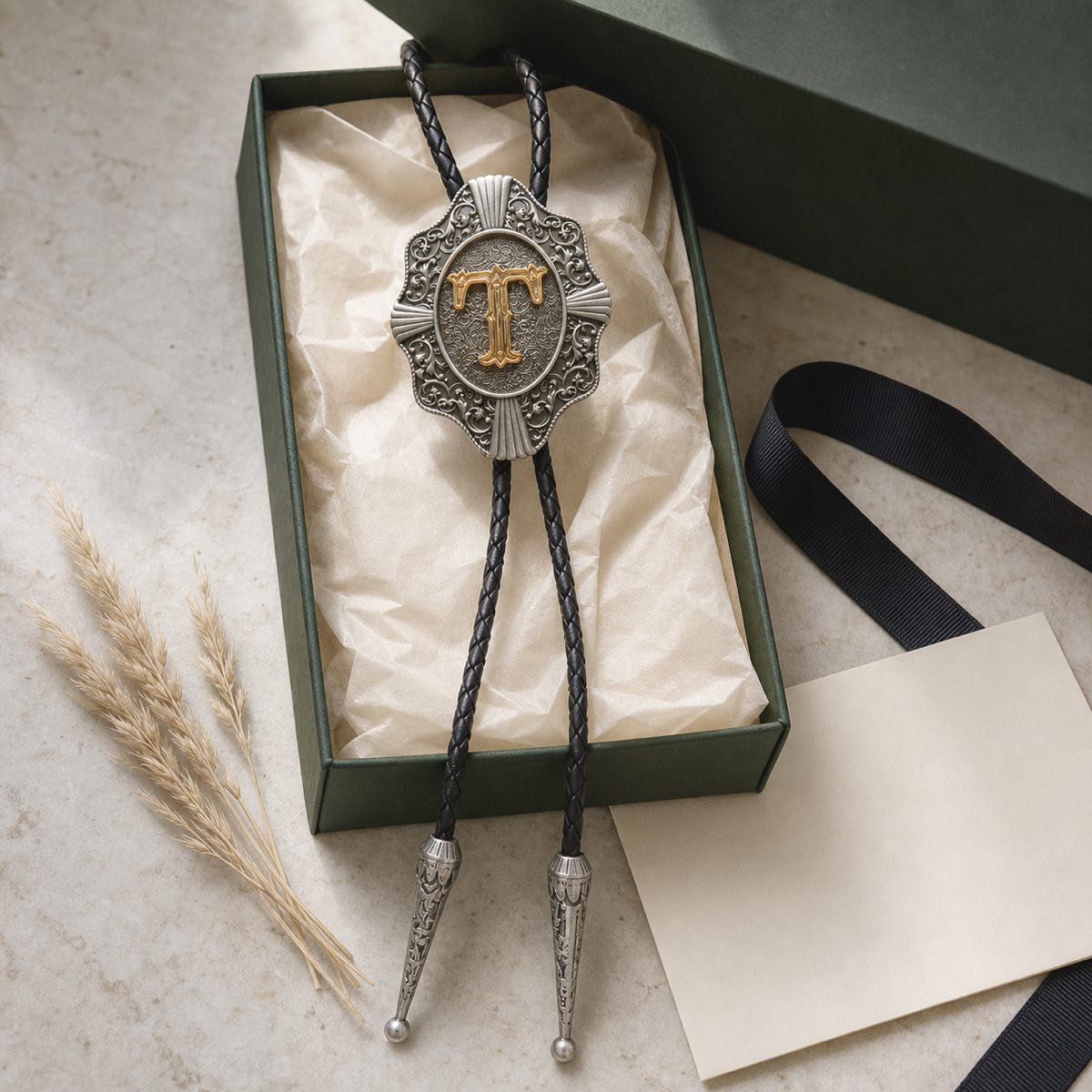 Gold letter T bolo tie presented as a personalized gift