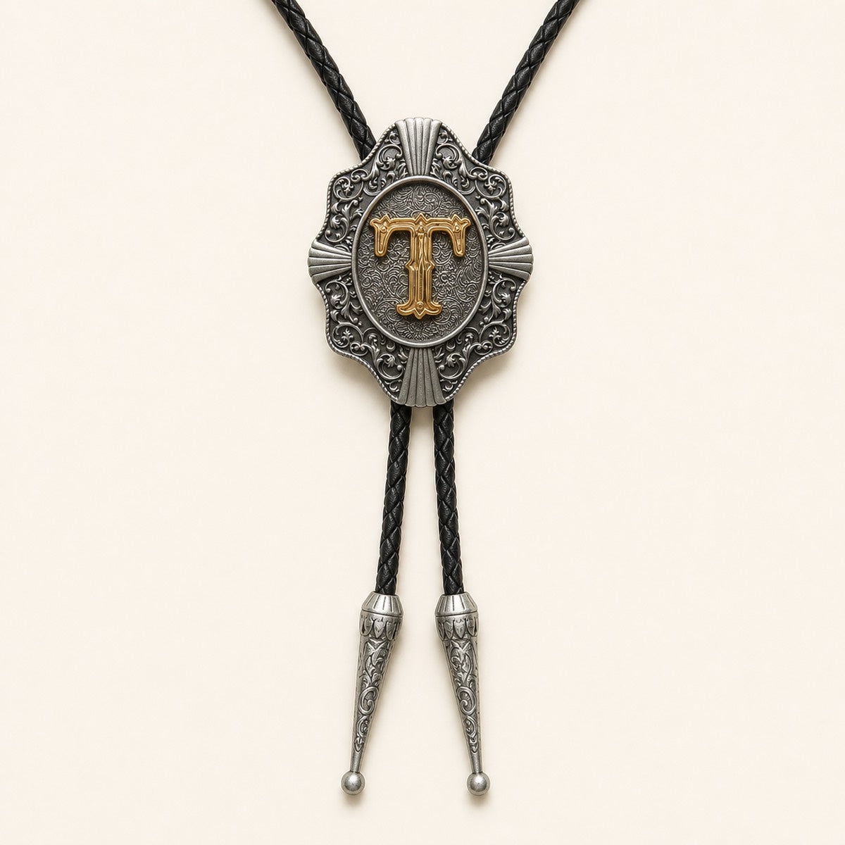 Gold letter T western bolo tie on pale warm ivory background