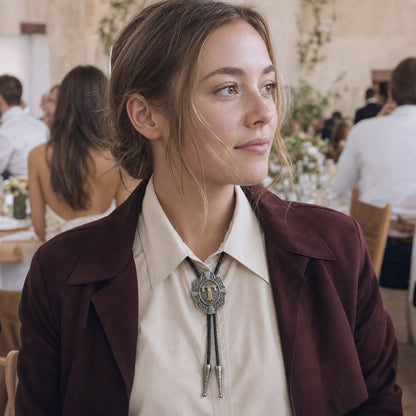 Young woman wearing gold letter T bolo tie at a contemporary ranch wedding