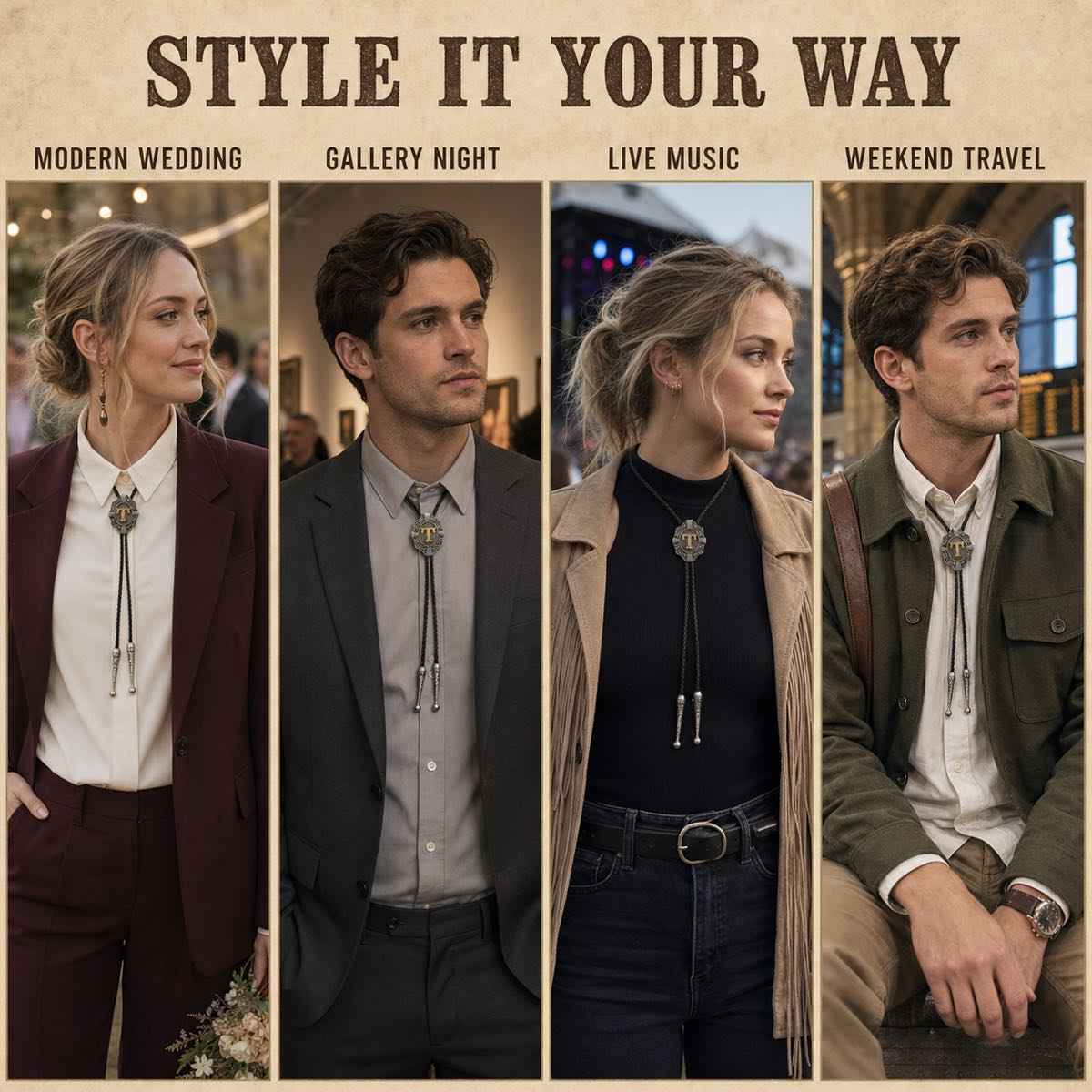 Four distinct ways to style a gold letter T western bolo tie