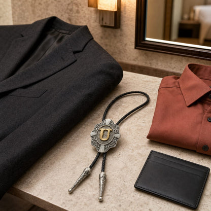Gold letter U bolo tie prepared with a modern evening outfit