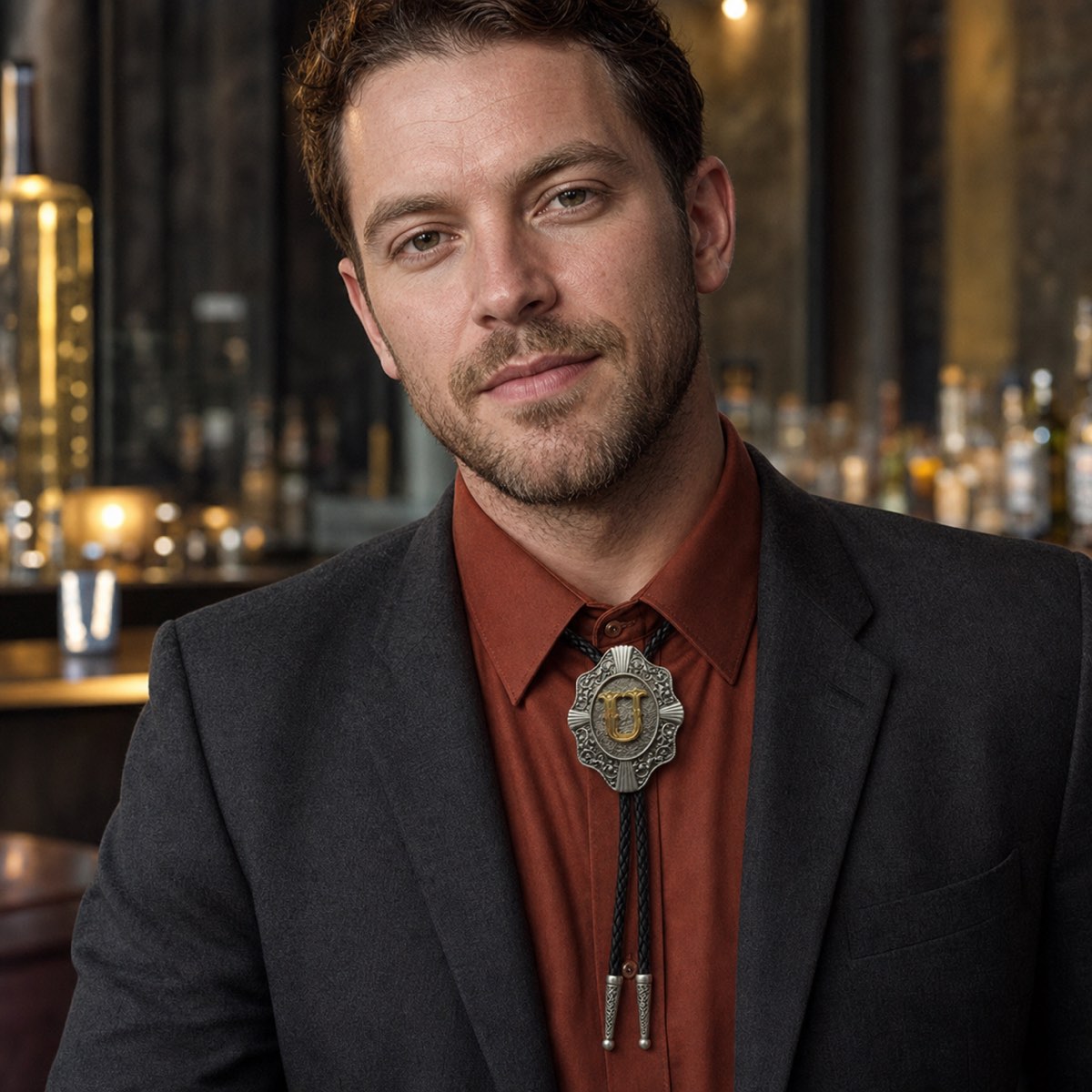 Young man wearing gold letter U bolo tie at a contemporary cocktail lounge