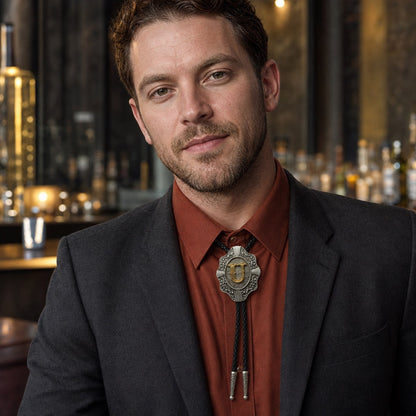 Young man wearing gold letter U bolo tie at a contemporary cocktail lounge