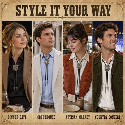Four distinct ways to style a gold letter U western bolo tie