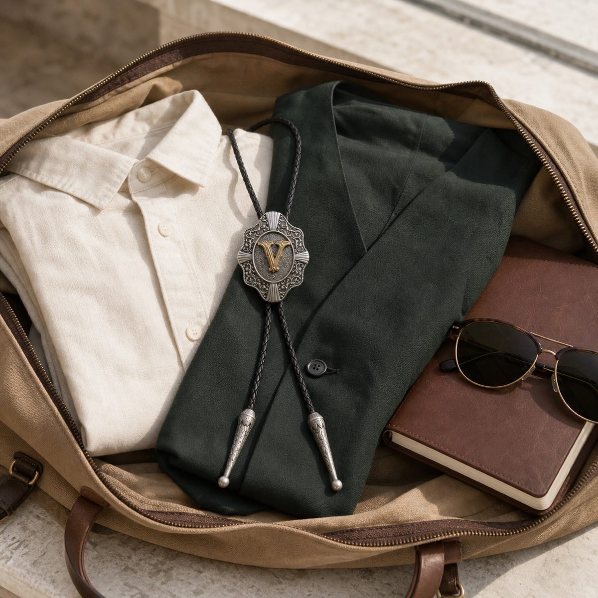 Gold letter V bolo tie packed for a refined weekend road trip