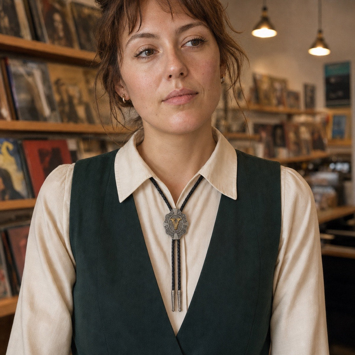 Young woman wearing a true-scale gold letter V western bolo tie