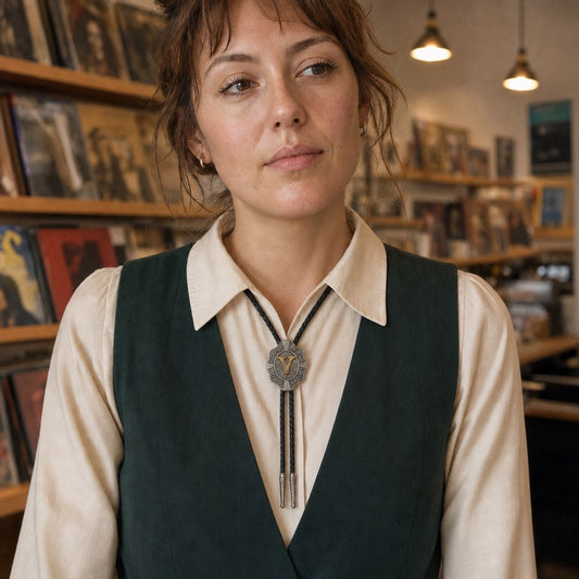 Young woman wearing a true-scale gold letter V western bolo tie