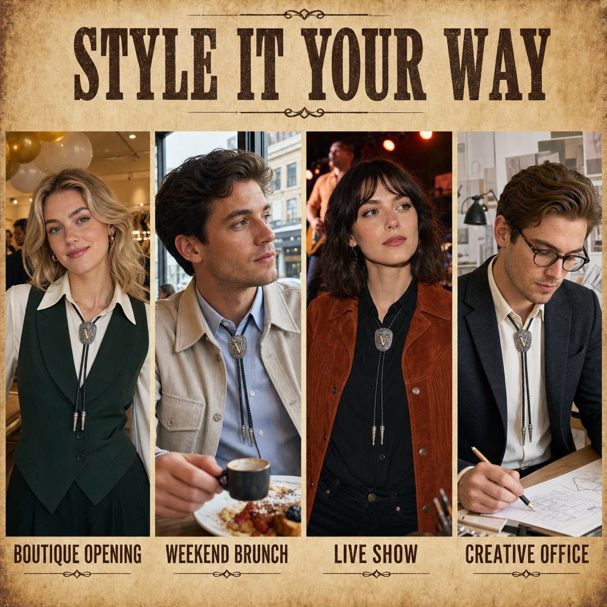 Four distinct ways to style a gold letter V western bolo tie