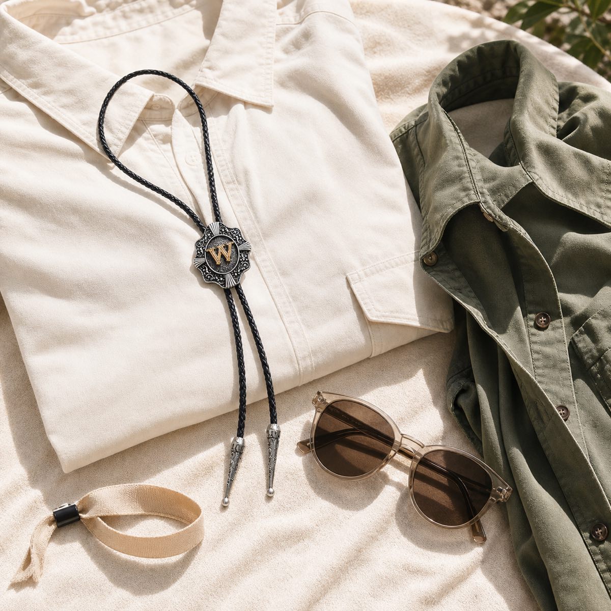 Gold letter W bolo tie prepared for an outdoor music festival