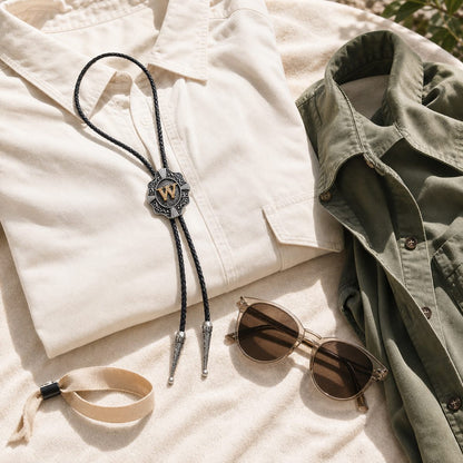Gold letter W bolo tie prepared for an outdoor music festival