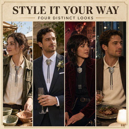 Four distinct ways to style a gold letter W western bolo tie