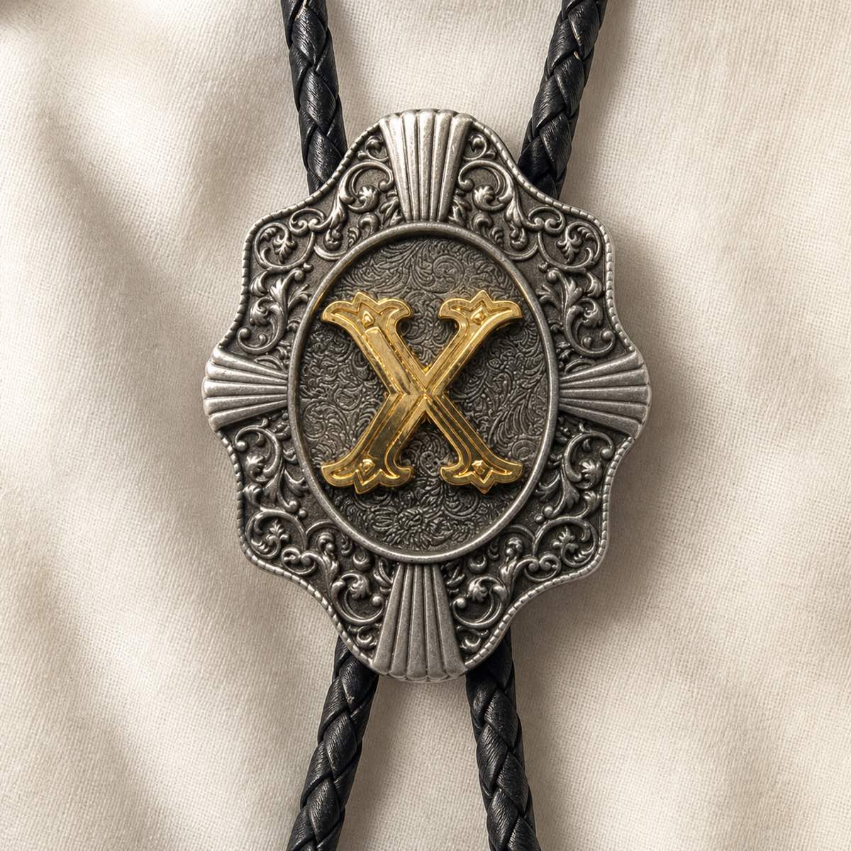 Gold letter X bolo tie antique silver engraving and leather detail