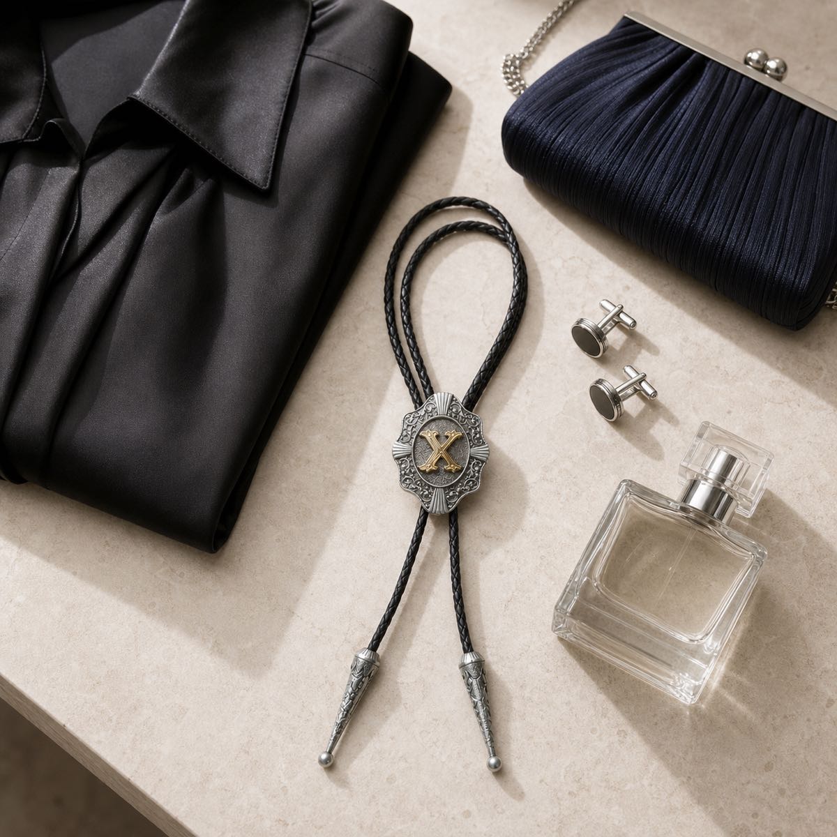 Gold letter X bolo tie styled for a sophisticated city evening