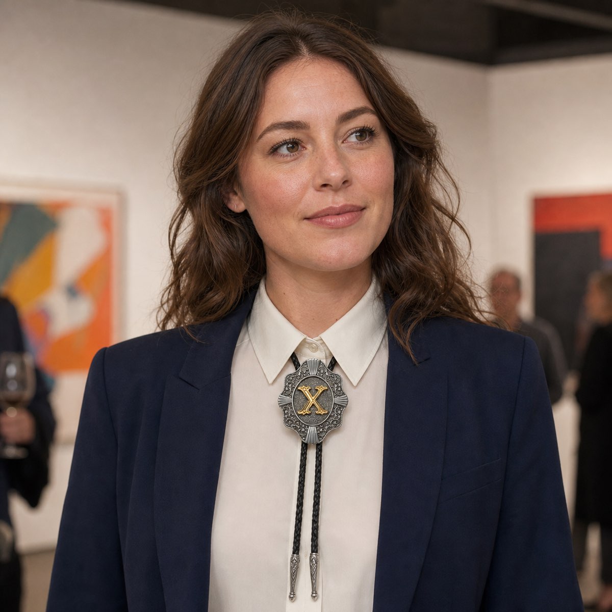Young woman wearing gold letter X bolo tie at a contemporary art gallery