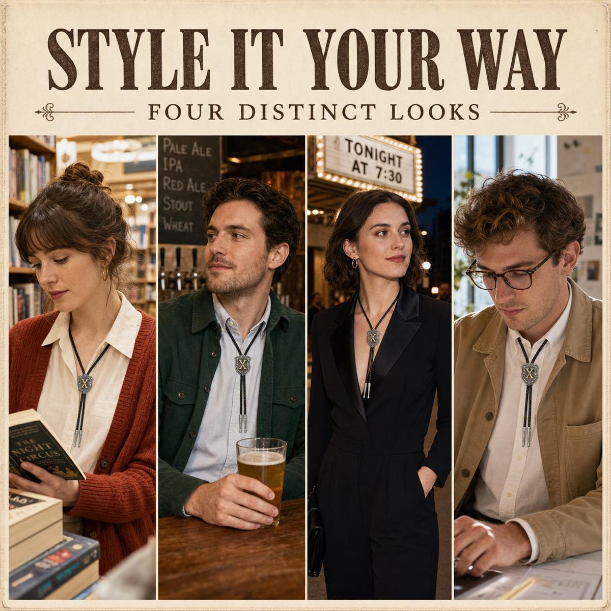 Four distinct ways to style a gold letter X western bolo tie