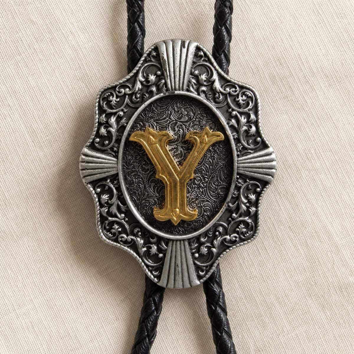Gold letter Y bolo tie antique silver engraving and leather detail