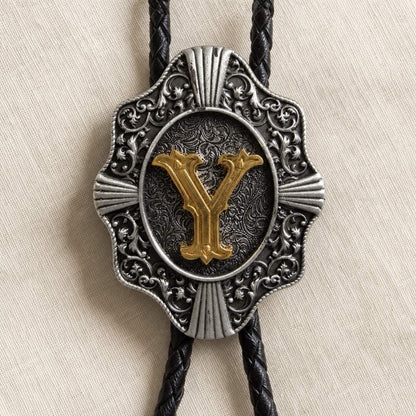 Gold letter Y bolo tie antique silver engraving and leather detail