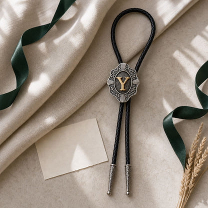 Gold letter Y bolo tie prepared as a personalized birthday gift