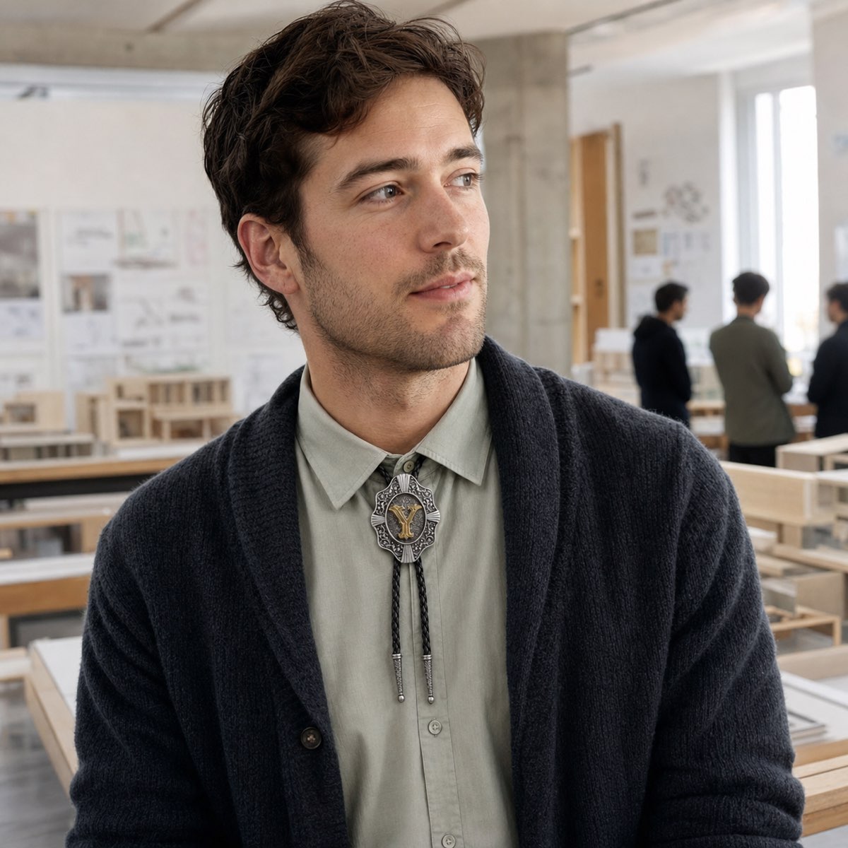 Young man wearing gold letter Y bolo tie at an architecture studio