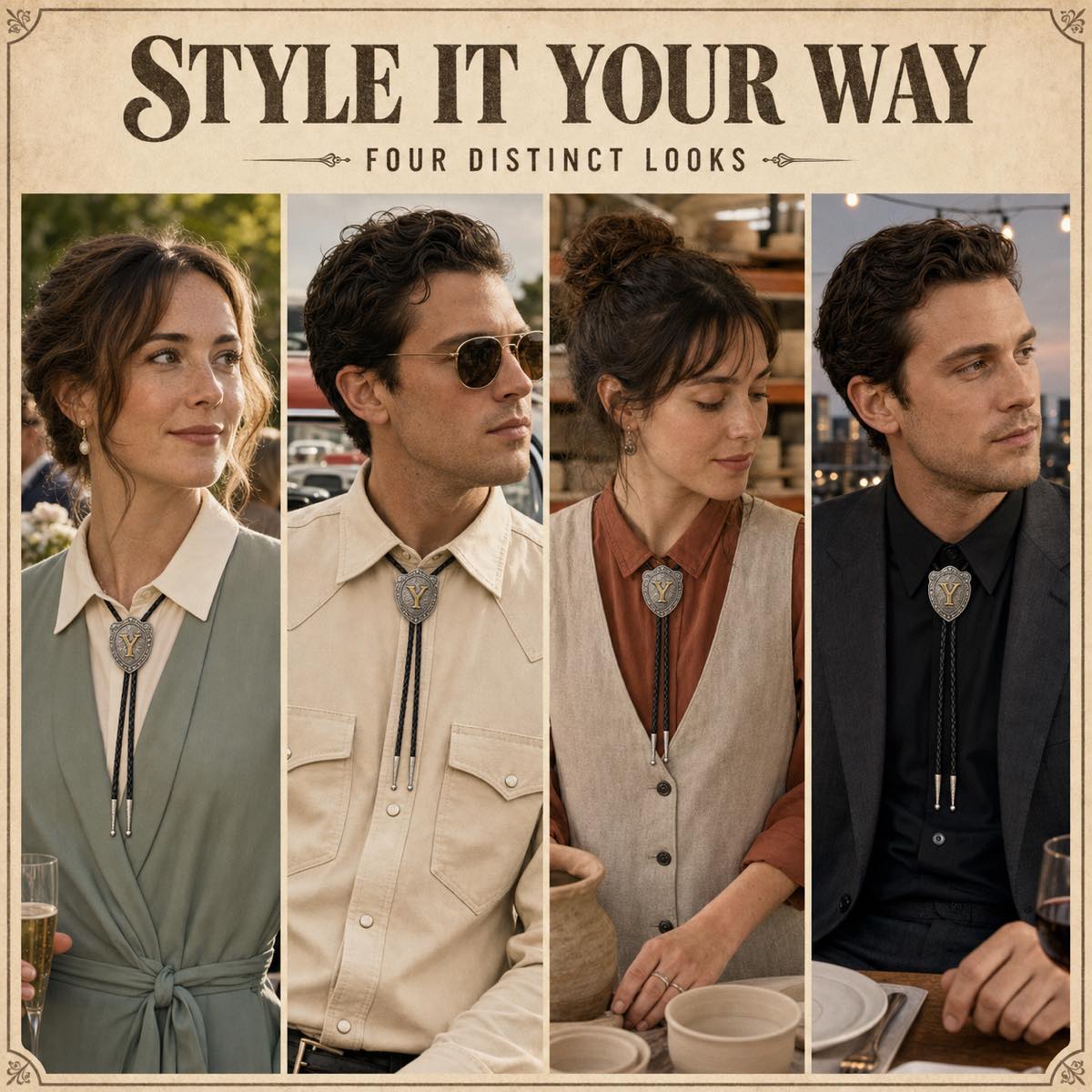 Four distinct ways to style a gold letter Y western bolo tie