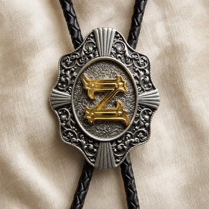Gold letter Z bolo tie antique silver engraving and leather detail