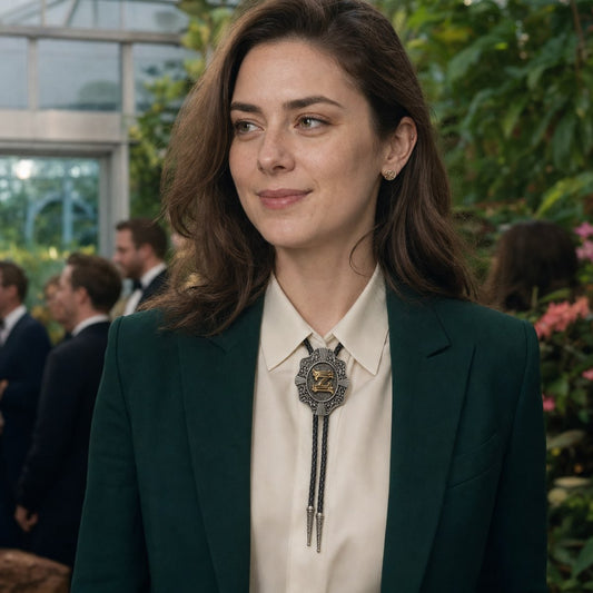 Young woman wearing gold letter Z bolo tie at a botanical conservatory fundraiser