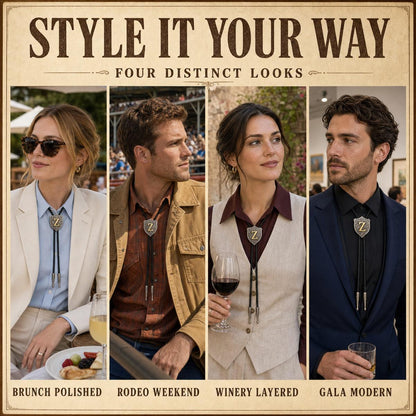 Four distinct ways to style a gold letter Z western bolo tie