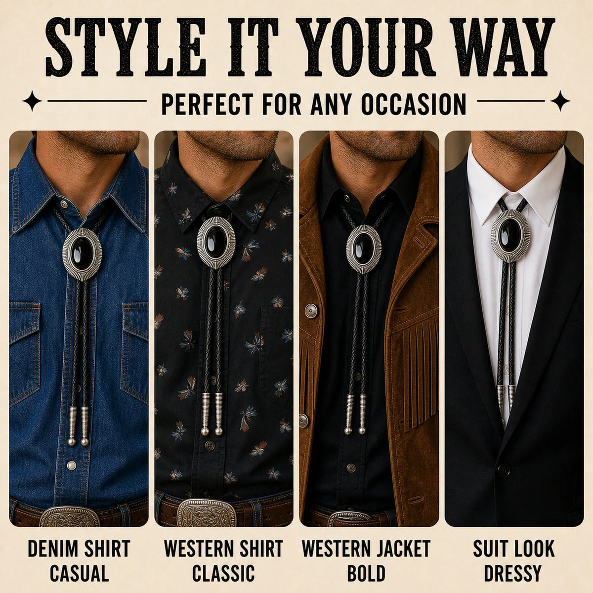 Style it your way outfit guide for Midnight Mesa Black Obsidian Bolo Tie with denim shirt, western shirt, western jacket, and suit looks