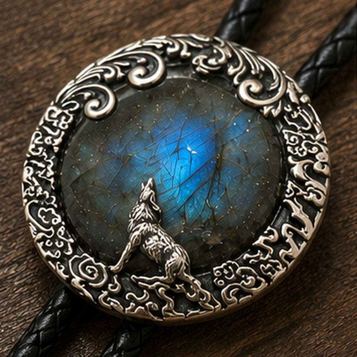 Close-up detail of natural labradorite stone and antique silver wolf bolo tie frame