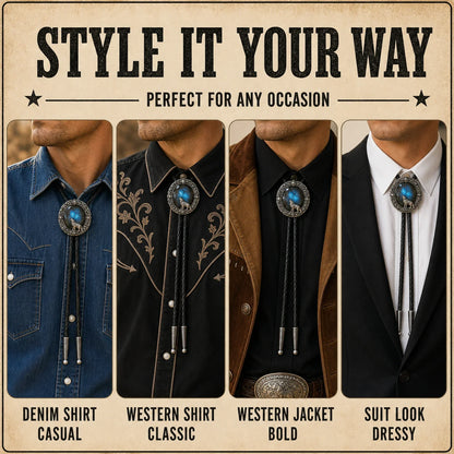 Style it your way outfit guide for Moonlit Wolf Labradorite Bolo Tie with denim shirt, western shirt, western jacket, and suit looks