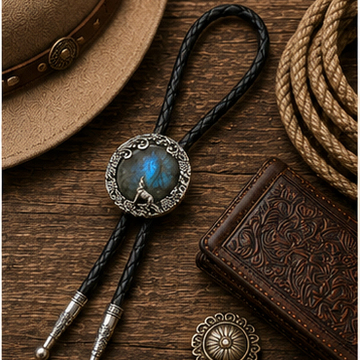 Labradorite wolf bolo tie flat lay with rustic western leather accessories