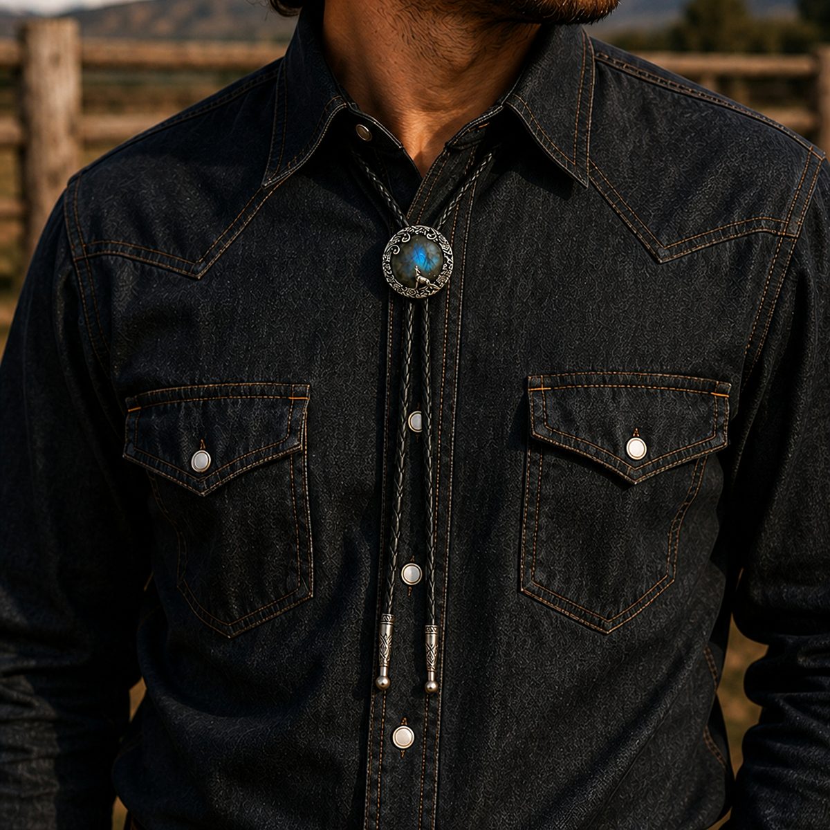 Moonlit Wolf Labradorite Bolo Tie worn at realistic 38 by 35 millimeter scale
