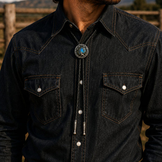 Moonlit Wolf Labradorite Bolo Tie worn at realistic 38 by 35 millimeter scale