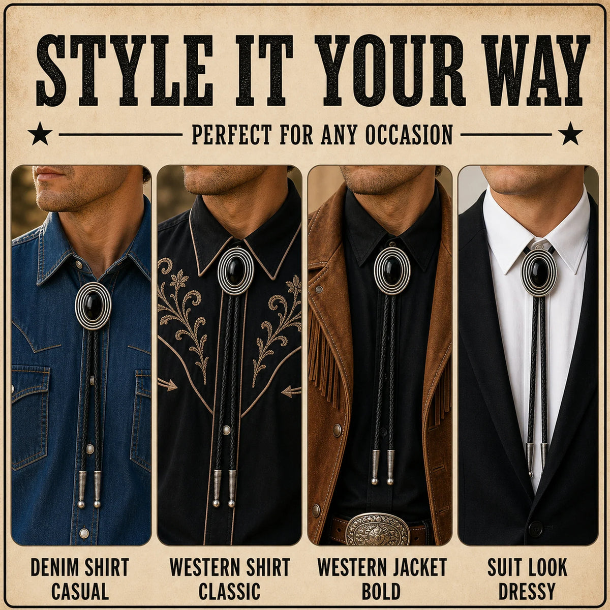 Style it your way outfit guide for Orbit Black Obsidian Bolo Tie with denim shirt, western shirt, western jacket, and suit looks