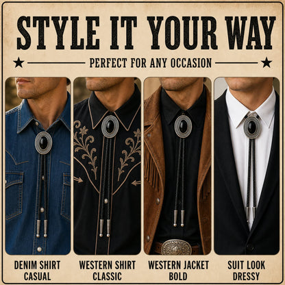 Style it your way outfit guide for Orbit Black Obsidian Bolo Tie with denim shirt, western shirt, western jacket, and suit looks