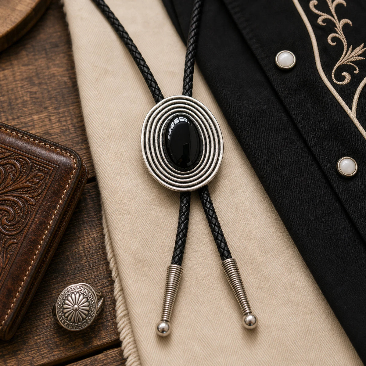 Orbit Black Obsidian Bolo Tie in modern western flat lay with leather and embroidered shirt styling