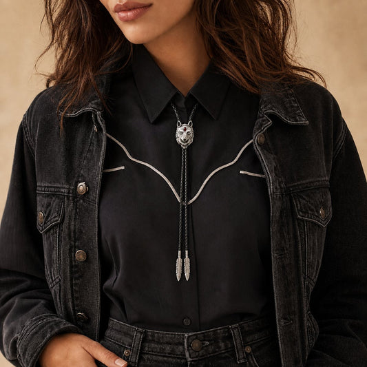 Red Inlay Wolf Head Bolo Tie worn at realistic 29 by 44 millimeter scale