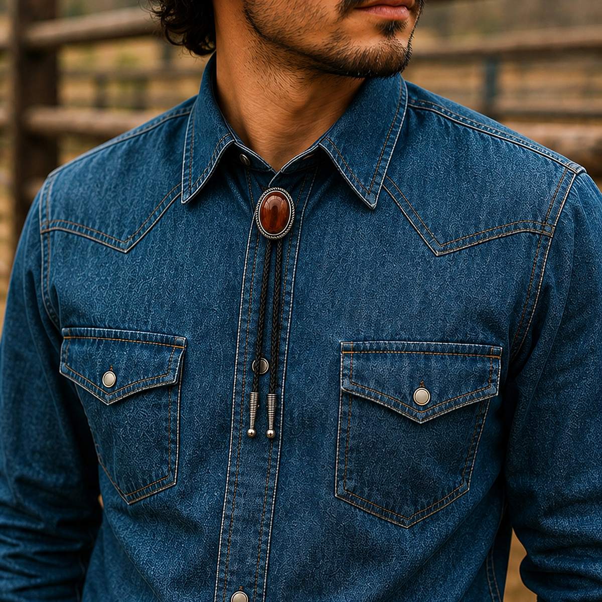 Rust Canyon Red Tiger Eye Bolo Tie worn at realistic 30 by 37 millimeter scale